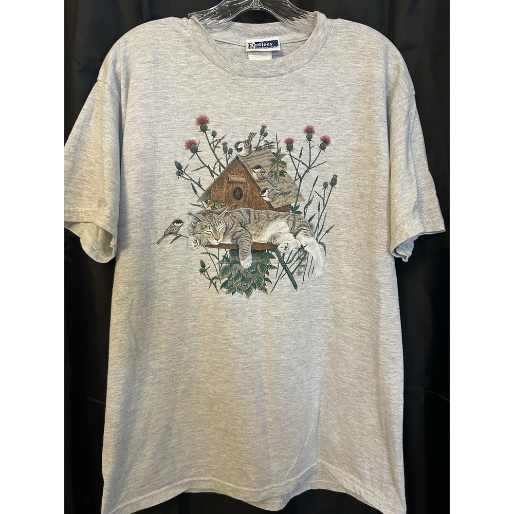 VTG Y2K Cat Birdhouse T Shirt L Grandma Cottagecore Chickadee Granny Nature